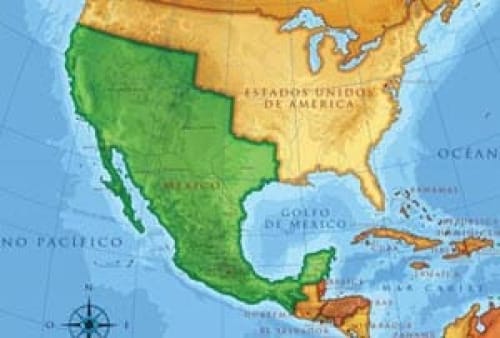 A map showing Mexico and the United States of America prior to the Treaty of Guadalupe Hidalgo. Mexico, shown in green, includes all of present-day Texas along with most of the North American west.