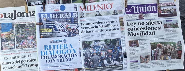 Four newspapers hanging at a newsstand in Cuernavaca. The various headlines reference primarily Trump and his statements about Venezuela.