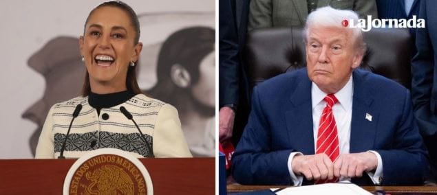 Mexican President Claudia Sheinbaum smiling behind a podium; Donald Trump seated at a desk, frowning, with his hands held in front of him. Photo from La Jornada.
